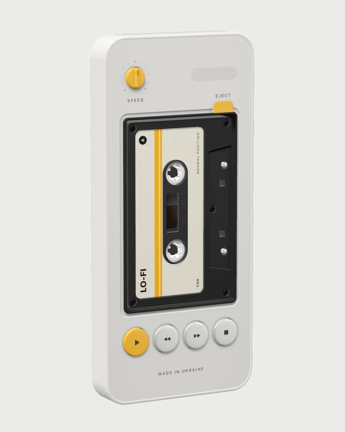 Cassette C90, cassette player for iphone, seen from the front at an angle